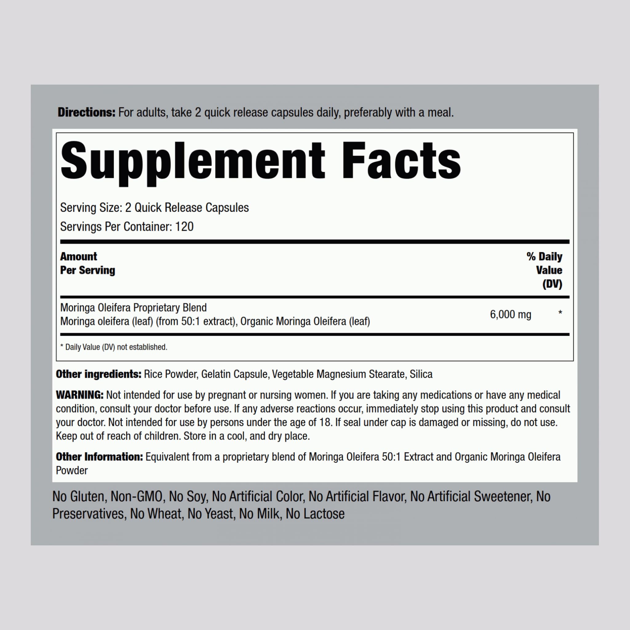 Piping Rock Moringa capsules label showing non-GMO and gluten-free features for dietary choices.