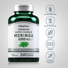 Piping Rock Moringa capsules packaging showing leaf concentrate and natural nutrients.