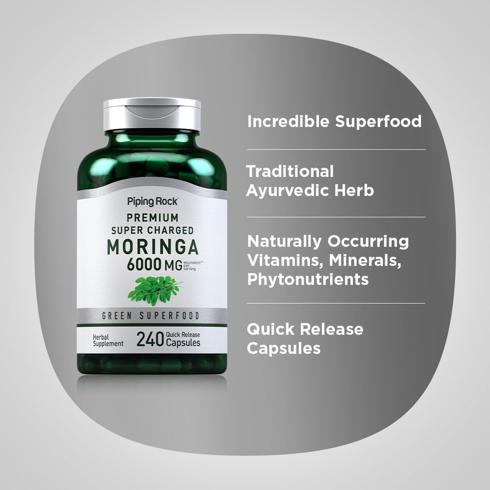 Piping Rock Moringa capsules on a desk ready for daily routine.