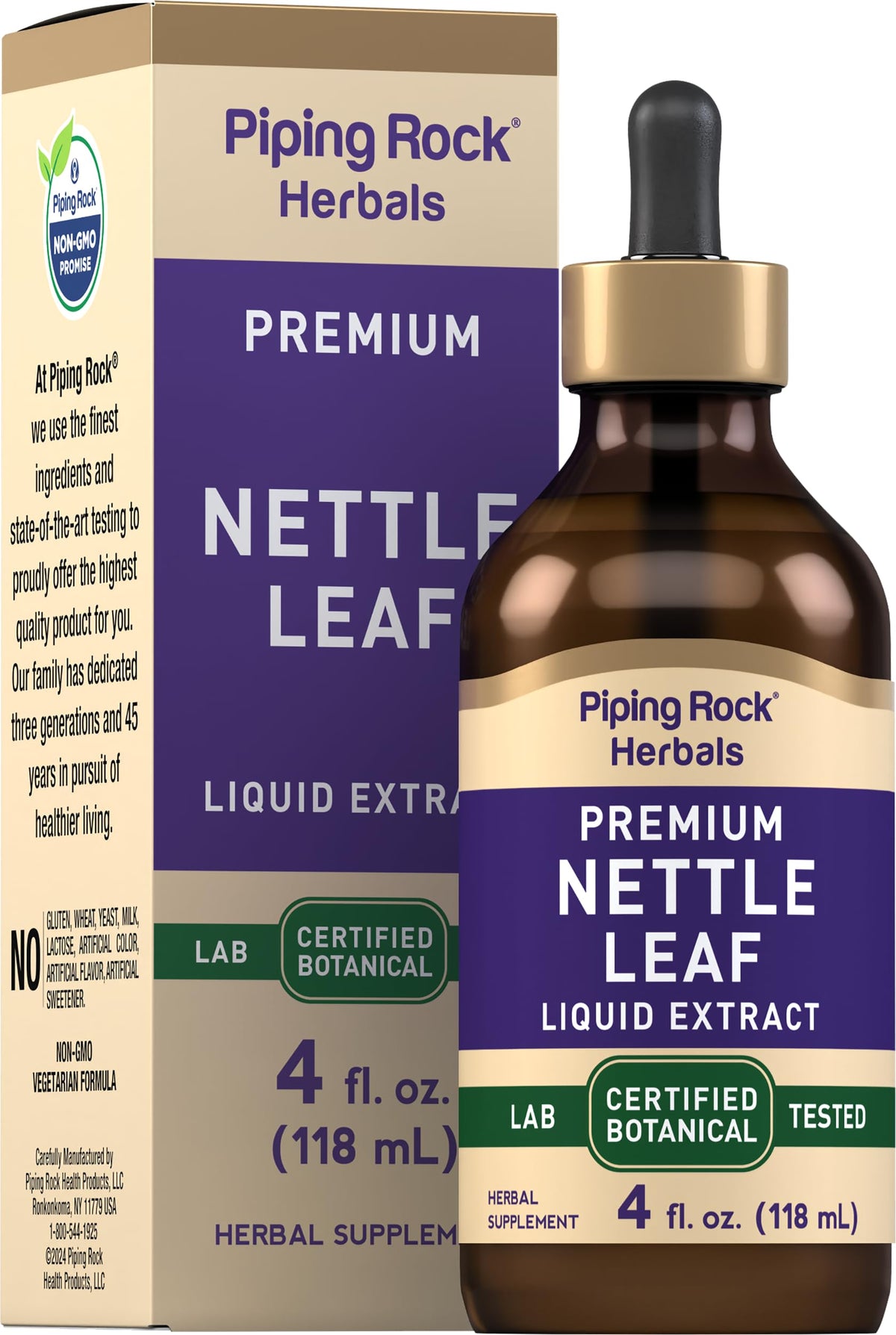 Piping Rock Nettle Leaf Extract bottle front view for easy, alcohol-free herbal blends.