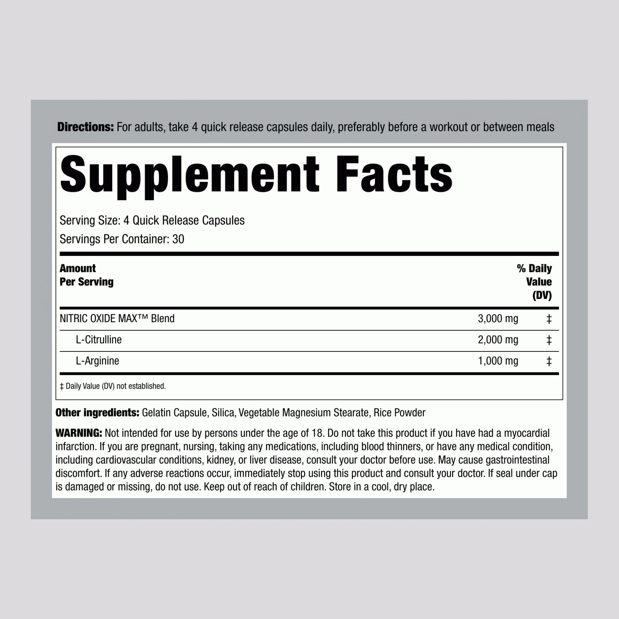 Piping Rock nitric oxide capsules—easy quick-release capsules for workouts.