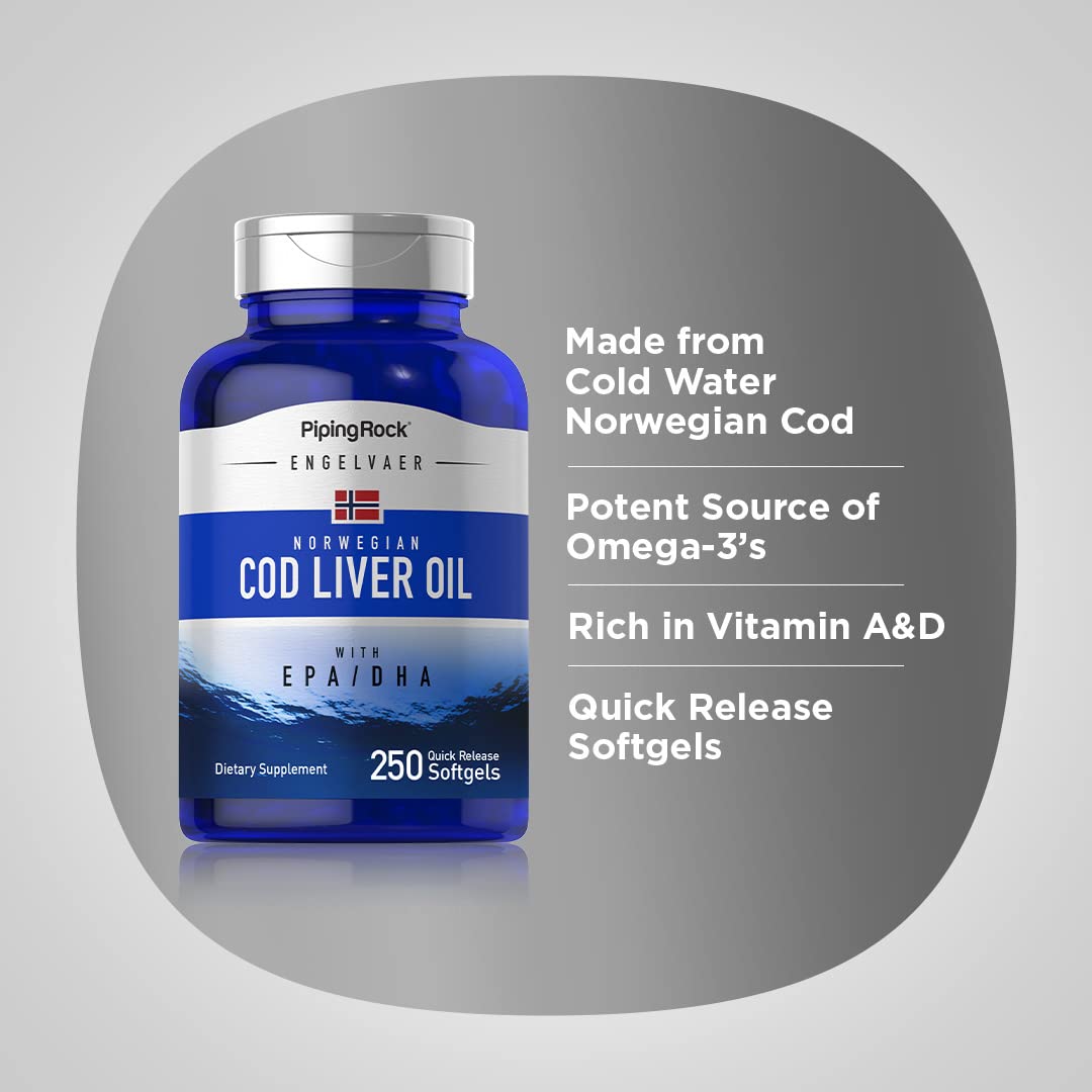 Non-GMO gluten-free cod liver oil softgels for daily supplements.