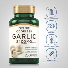 Piping Rock Odorless Garlic label confirms non-GMO and gluten-free ingredients.