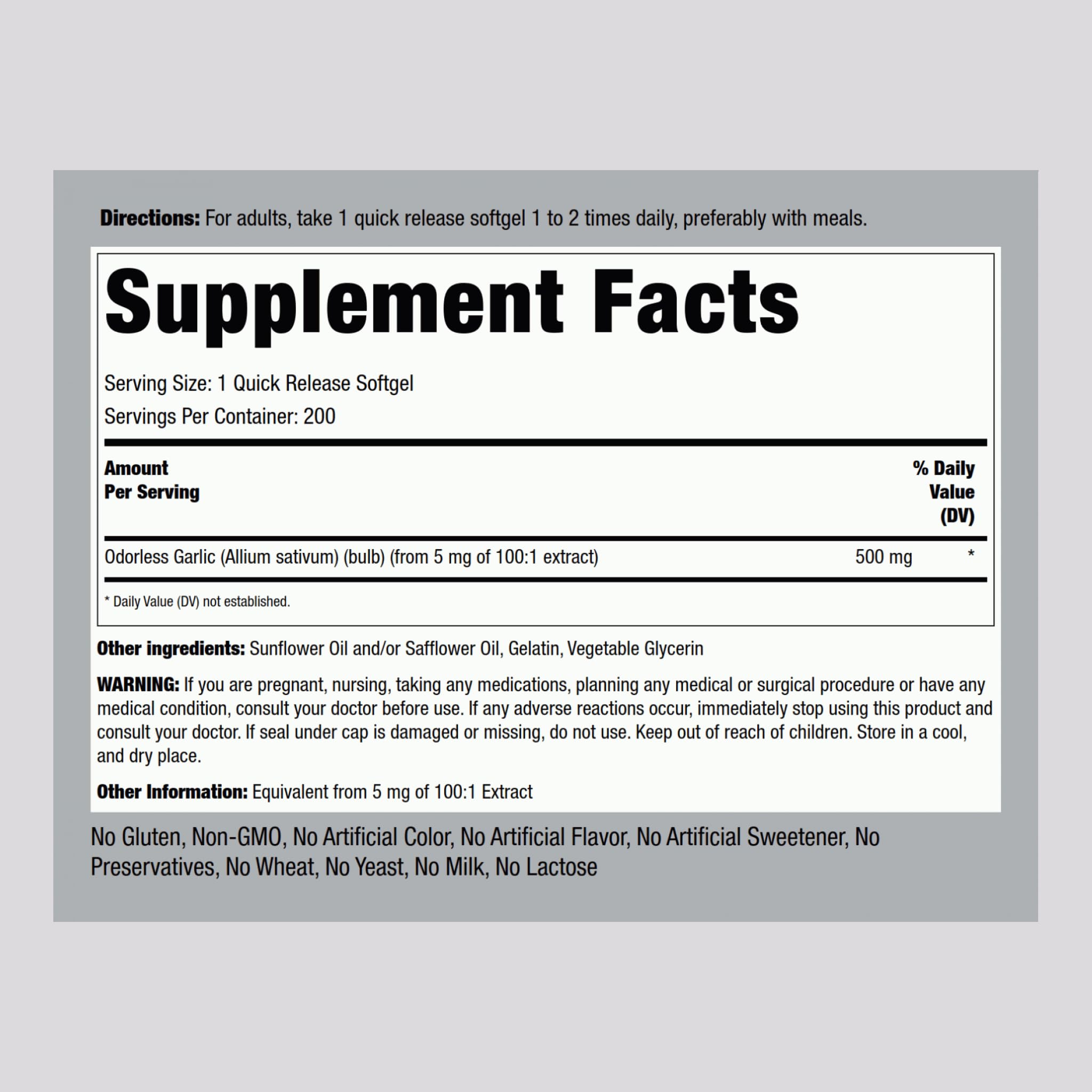 Piping Rock Odorless Garlic Softgels bottle back label shows purity and safety details.
