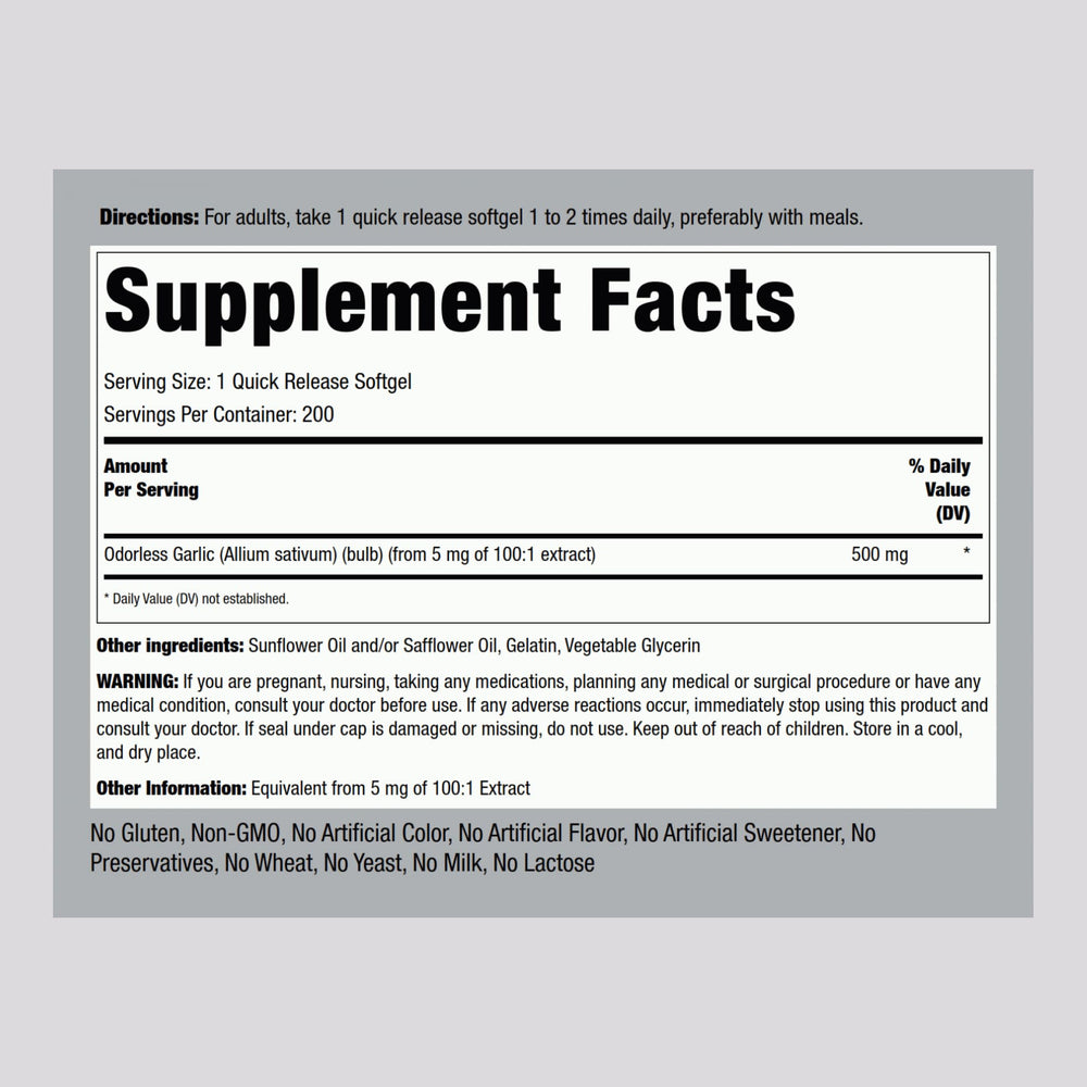 Piping Rock Odorless Garlic Softgels bottle back label shows purity and safety details.