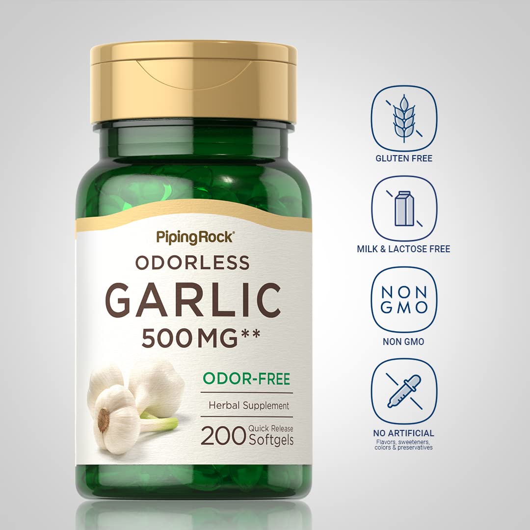 Piping Rock Odorless Garlic Softgels capsules closeup emphasizes convenient 500 mg per serving.