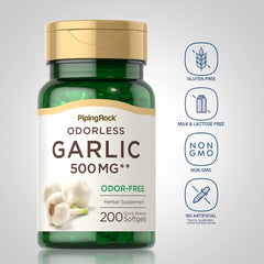 Piping Rock Odorless Garlic Softgels capsules closeup emphasizes convenient 500 mg per serving.