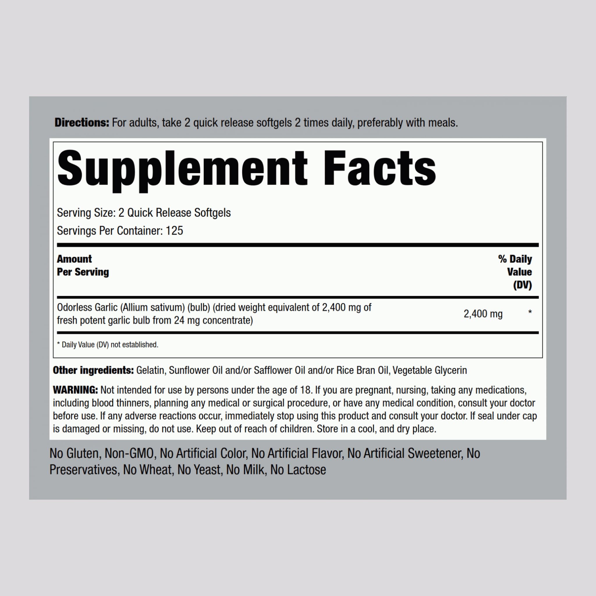 Closeup of Piping Rock Odorless Garlic softgels highlighting quick-release capsules.