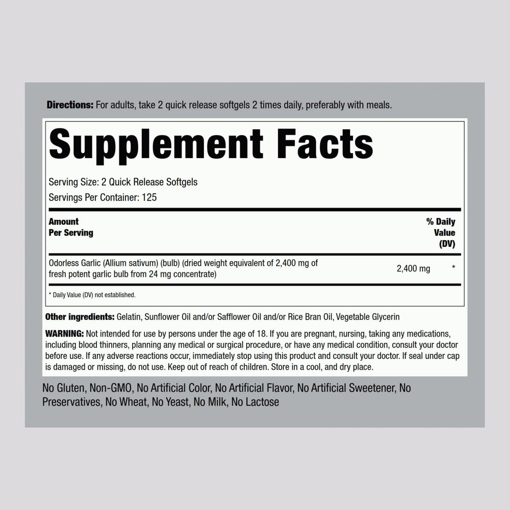 Closeup of Piping Rock Odorless Garlic softgels highlighting quick-release capsules.