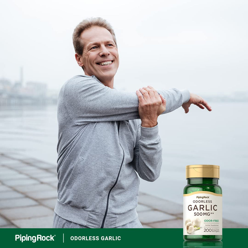 Piping Rock Odorless Garlic Softgels gluten-free badge communicates suitability for gluten-free diets.