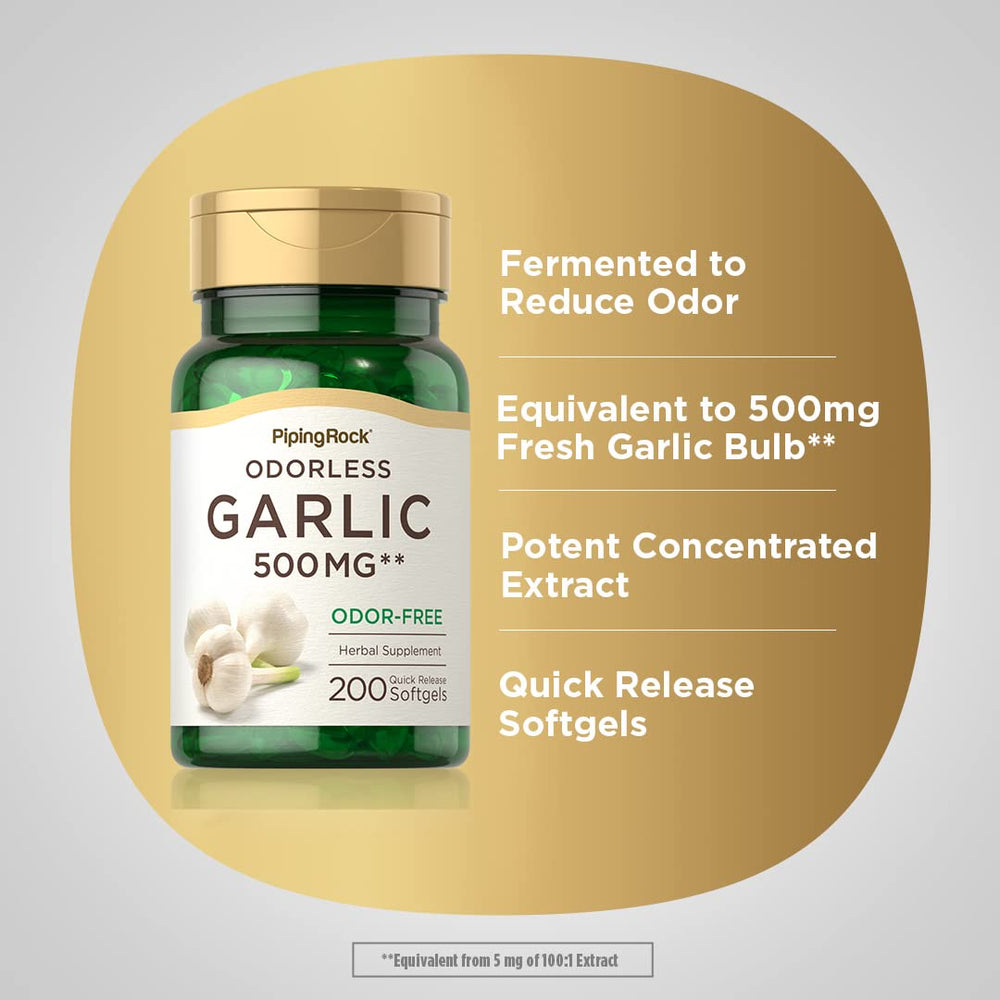 Piping Rock Odorless Garlic Softgels serving measure demonstrates easy daily dosage.