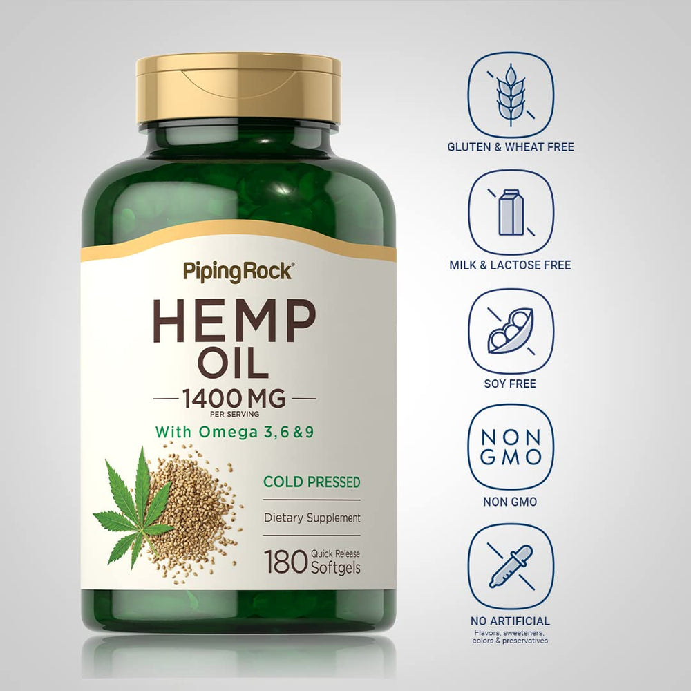 Piping Rock omega 3-6-9 capsules pack emphasizes convenient daily use.