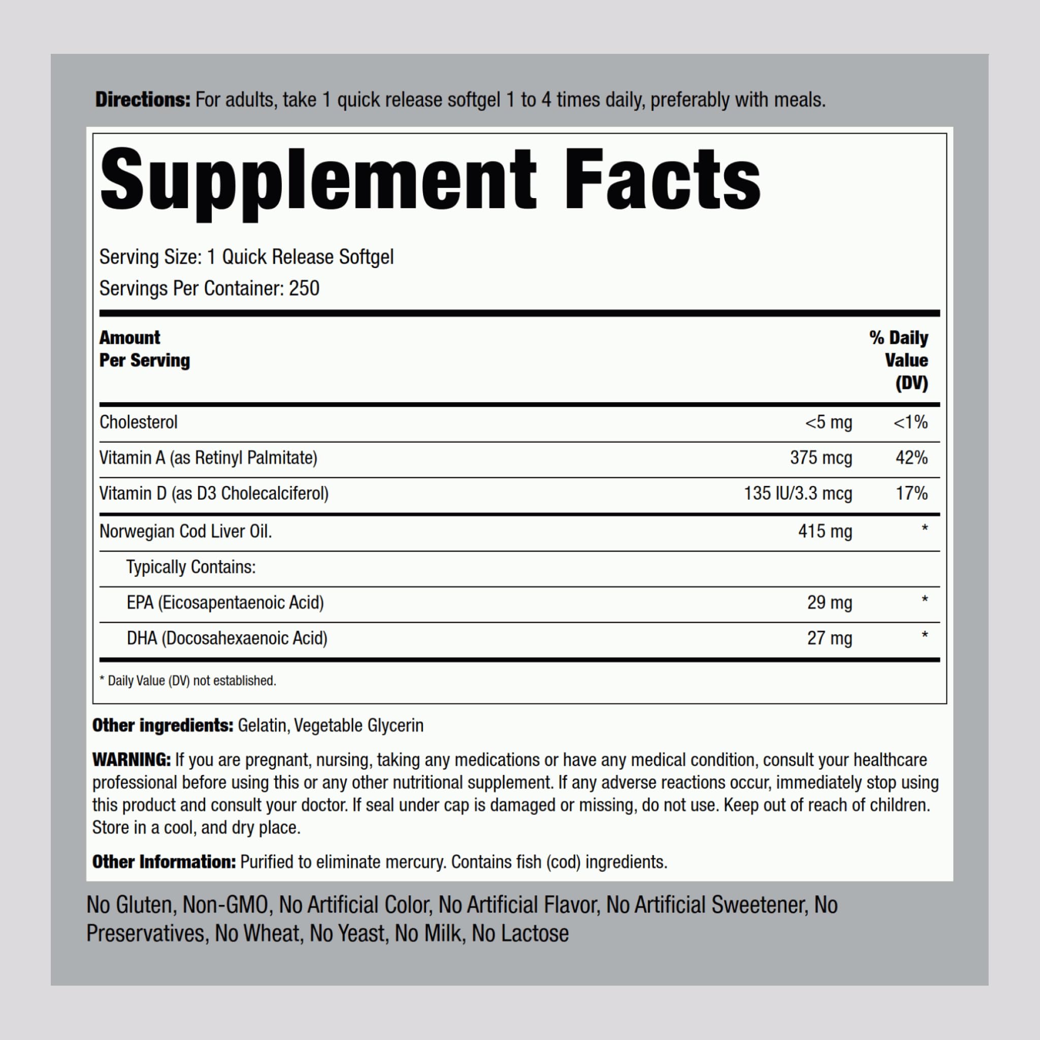 Piping Rock omega-3 cod liver softgels with EPA DHA for heart and brain health.