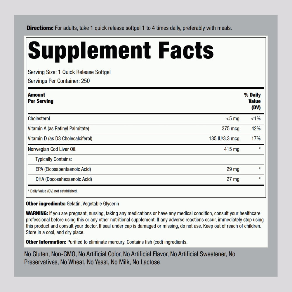 Piping Rock omega-3 cod liver softgels with EPA DHA for heart and brain health.