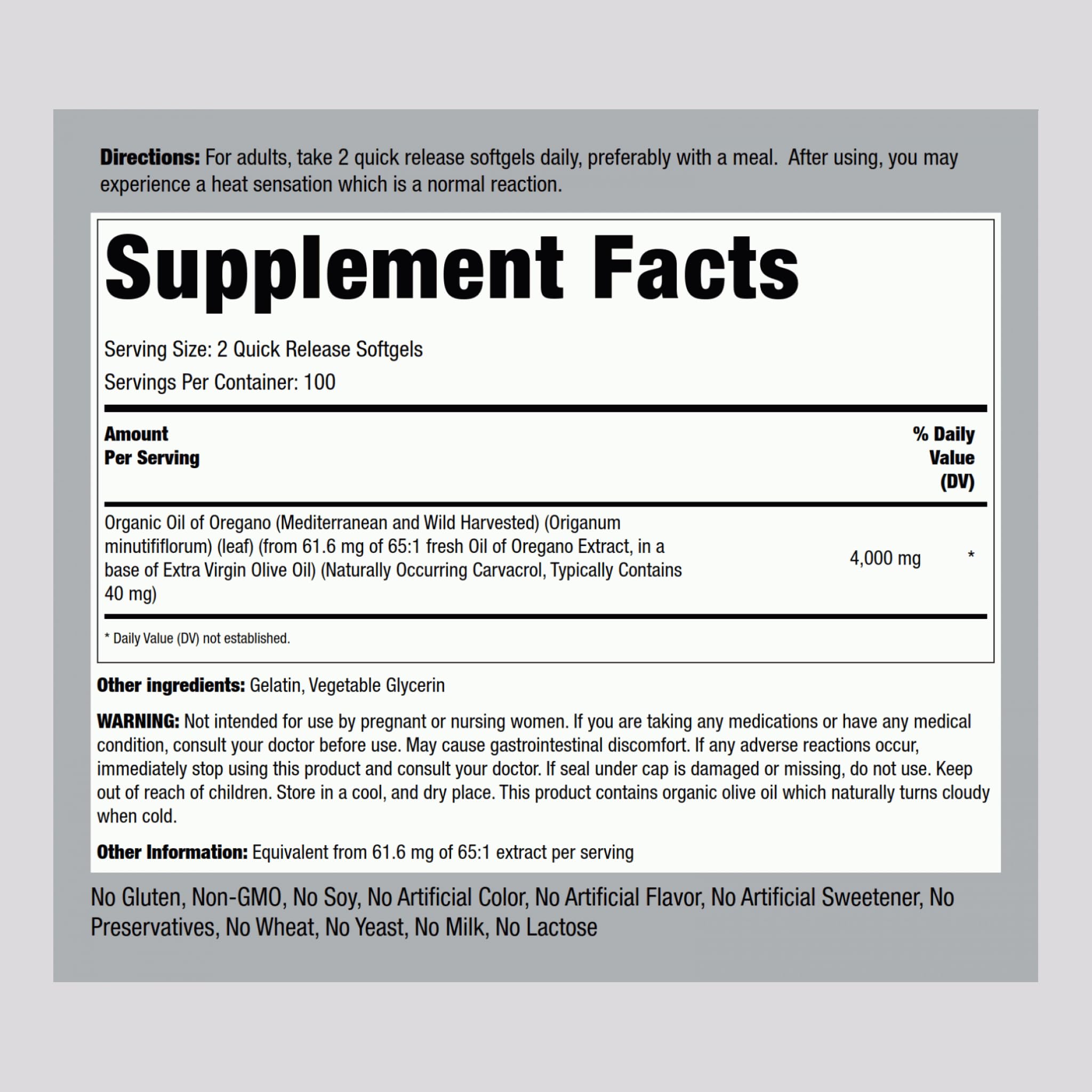 Piping Rock Oregano Oil softgels close-up, easy-to-swallow daily capsules.