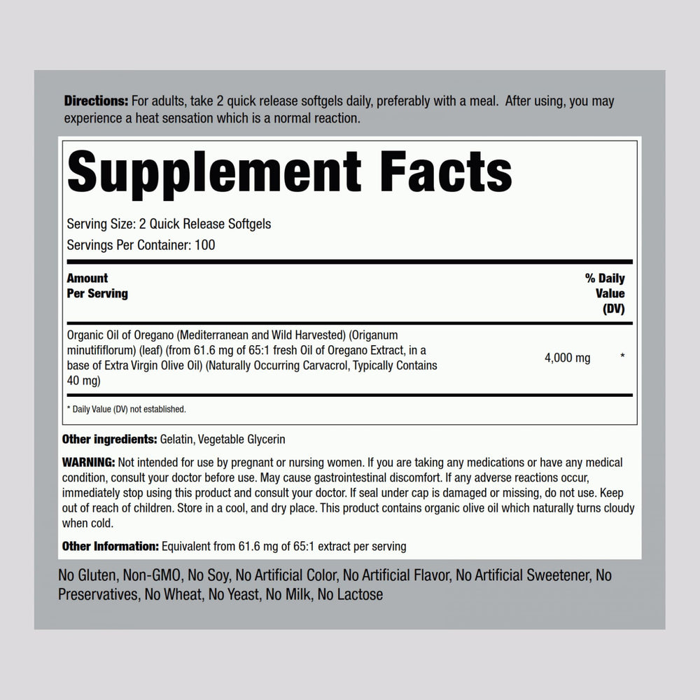 Piping Rock Oregano Oil softgels close-up, easy-to-swallow daily capsules.