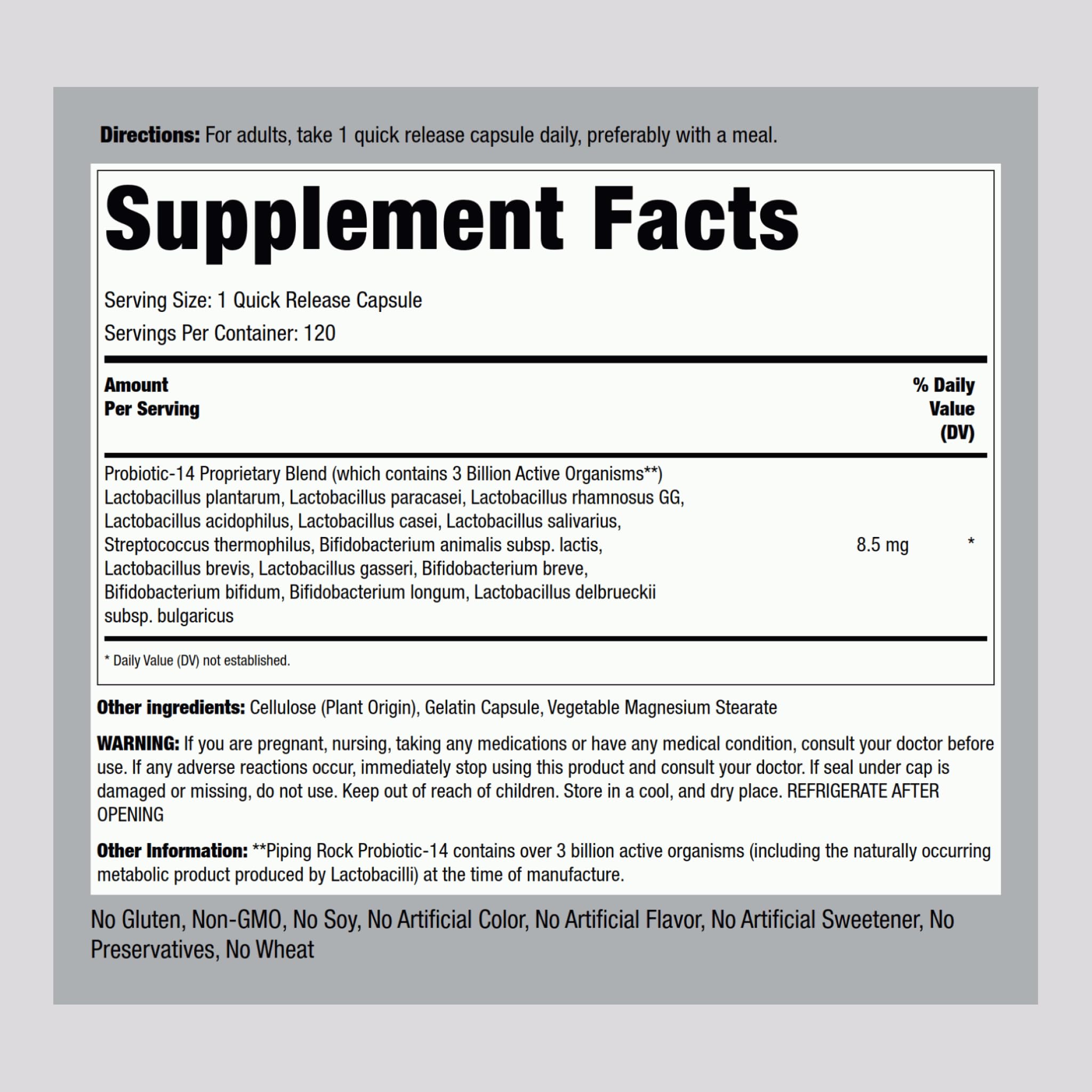 Piping Rock Probiotic Acidophilus capsules close-up showing quick-release design