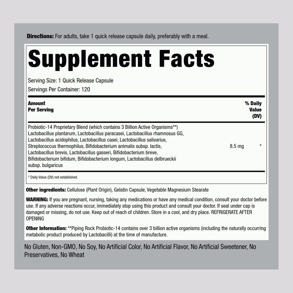 Piping Rock Probiotic Acidophilus capsules close-up showing quick-release design