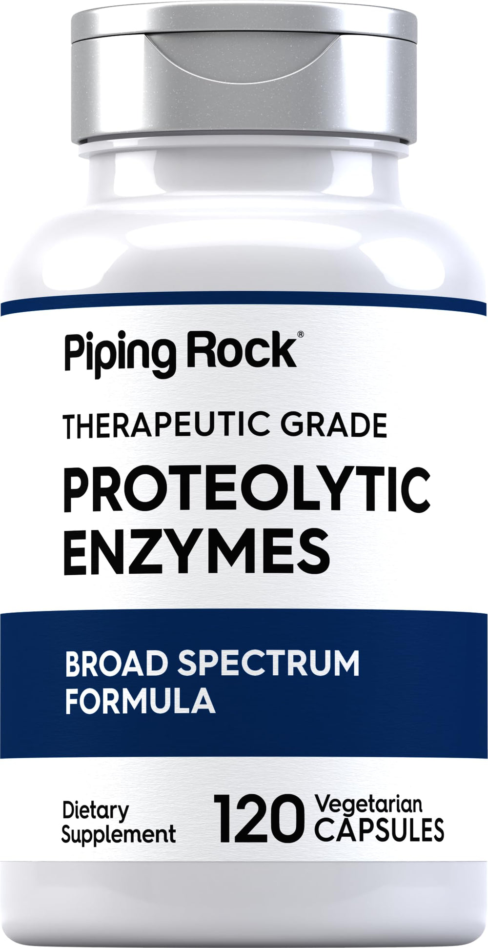 Piping Rock Proteolytic Enzymes bottle shows broad-spectrum capsules for daily digestion support