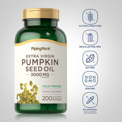 Piping Rock pumpkin seed oil ingredients label showing non-GMO and gluten-free details