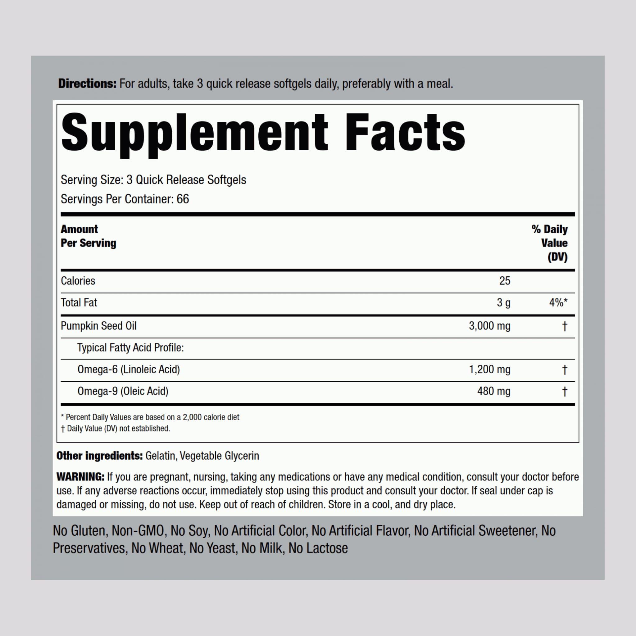 Piping Rock pumpkin seed oil softgel closeup emphasizing convenient softgels for daily use