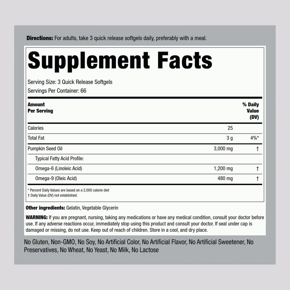 Piping Rock pumpkin seed oil softgel closeup emphasizing convenient softgels for daily use