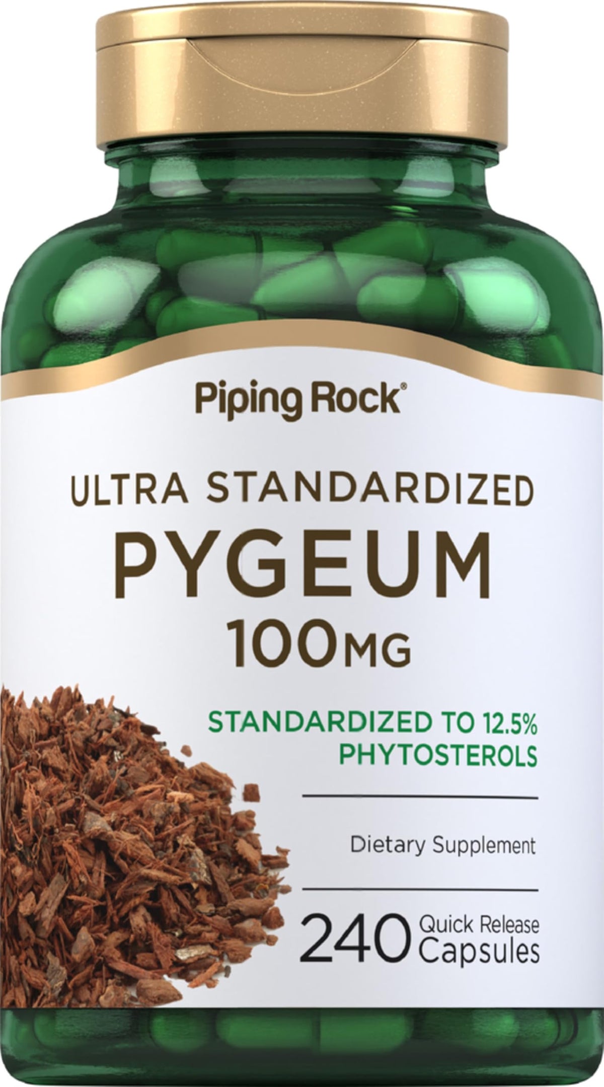 Piping Rock Pygeum supplement bottle front label highlighting non-GMO gluten-free formulation.