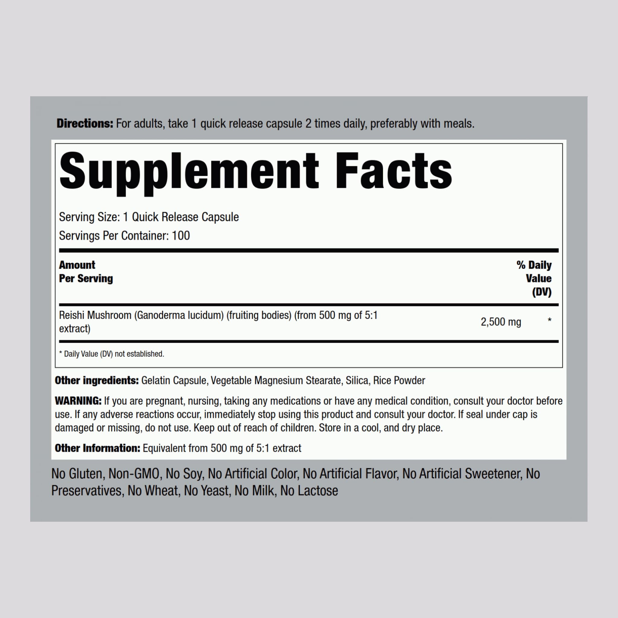 Piping Rock Reishi bottle back label highlights polysaccharide content and supplement facts