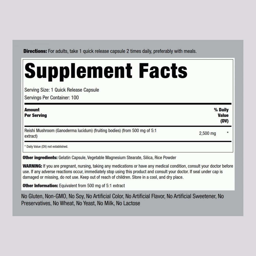 Piping Rock Reishi bottle back label highlights polysaccharide content and supplement facts