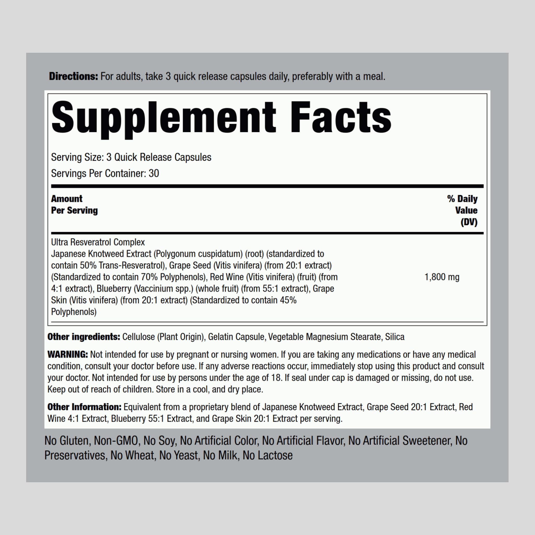 Botella de Piping Rock Resveratrol Complex 1800 mg para uso diario