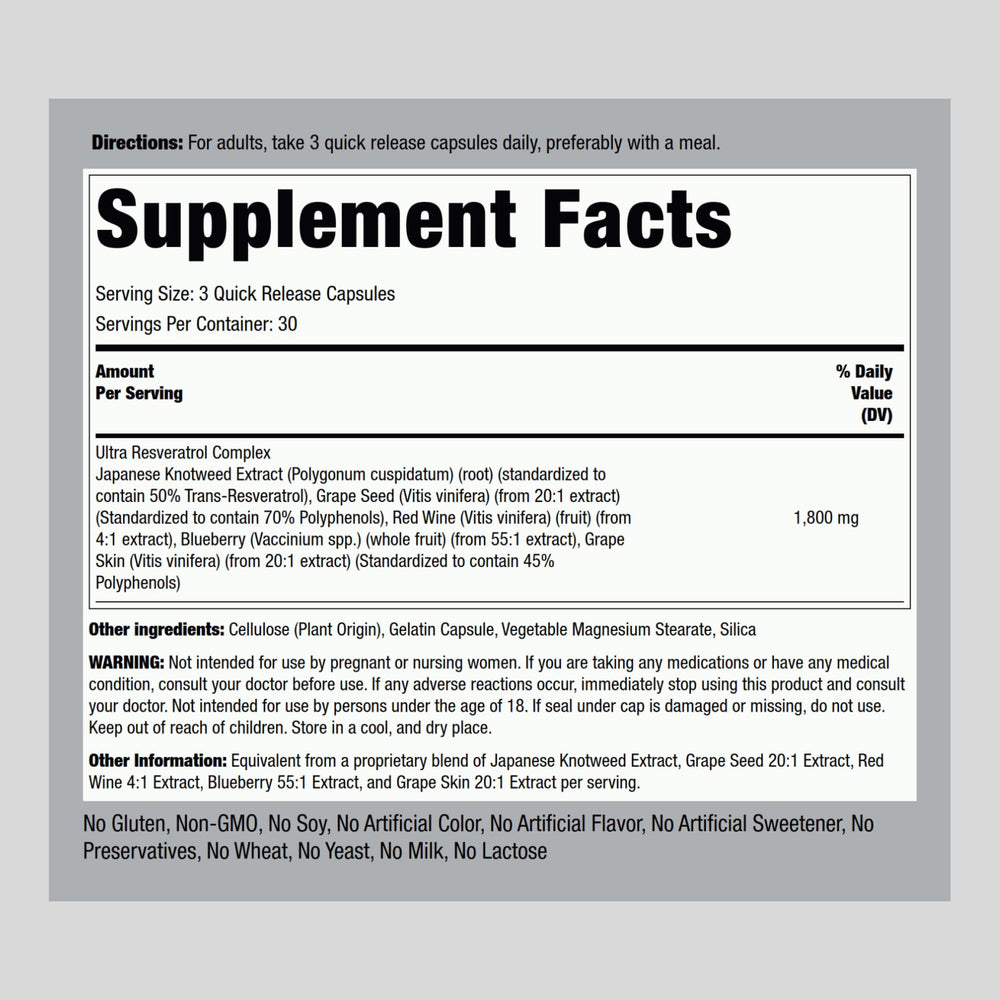 Botella de Piping Rock Resveratrol Complex 1800 mg para uso diario