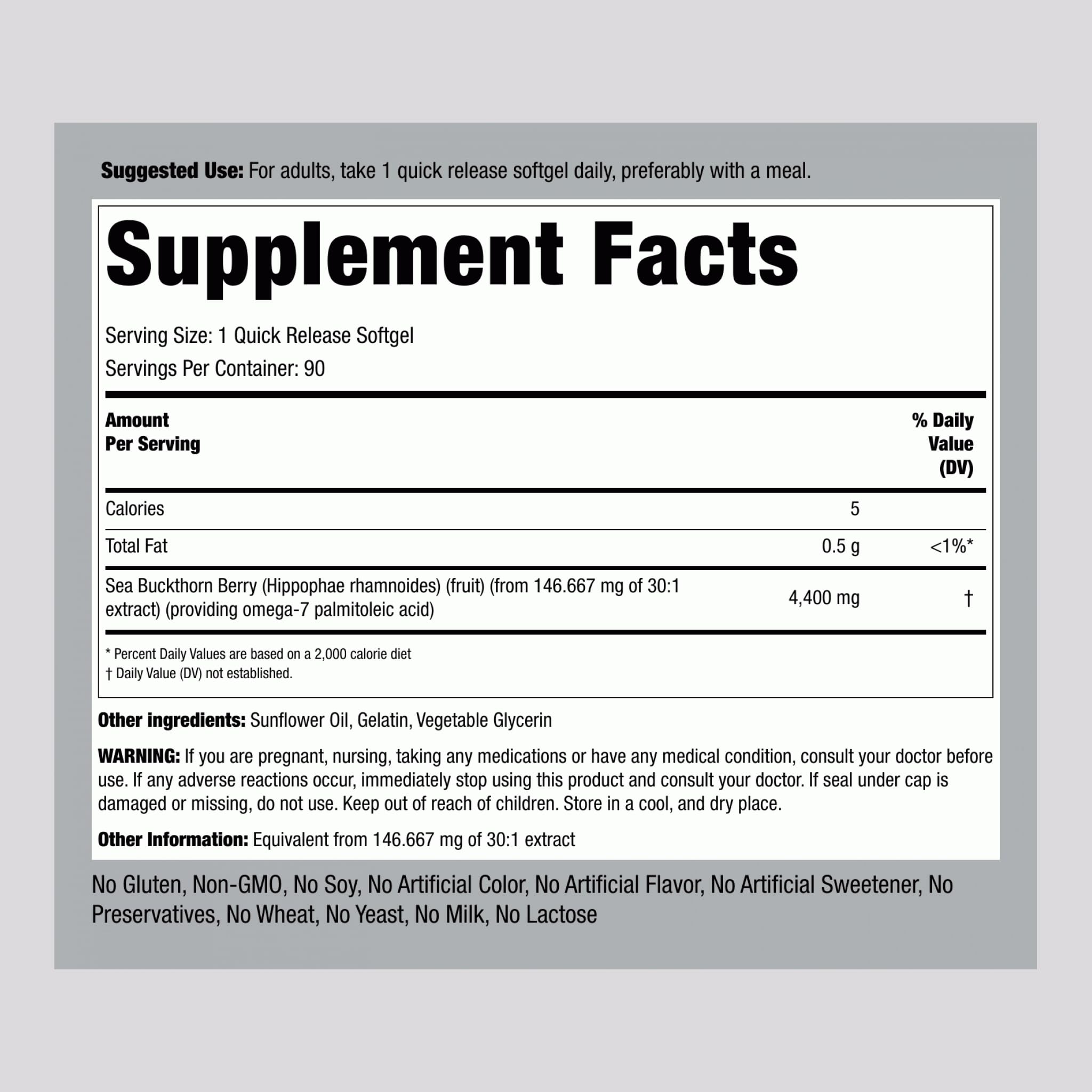 Piping Rock sea buckthorn capsules close-up of quick-release softgels for easy swallowing.