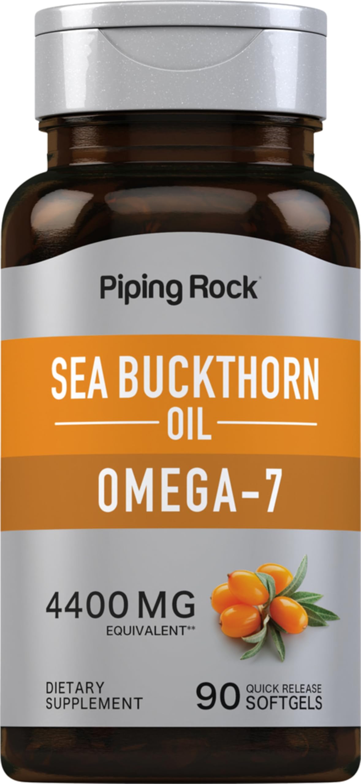Piping Rock Sea Buckthorn oil capsules bottle showing 90 softgels for daily omega-7 support.