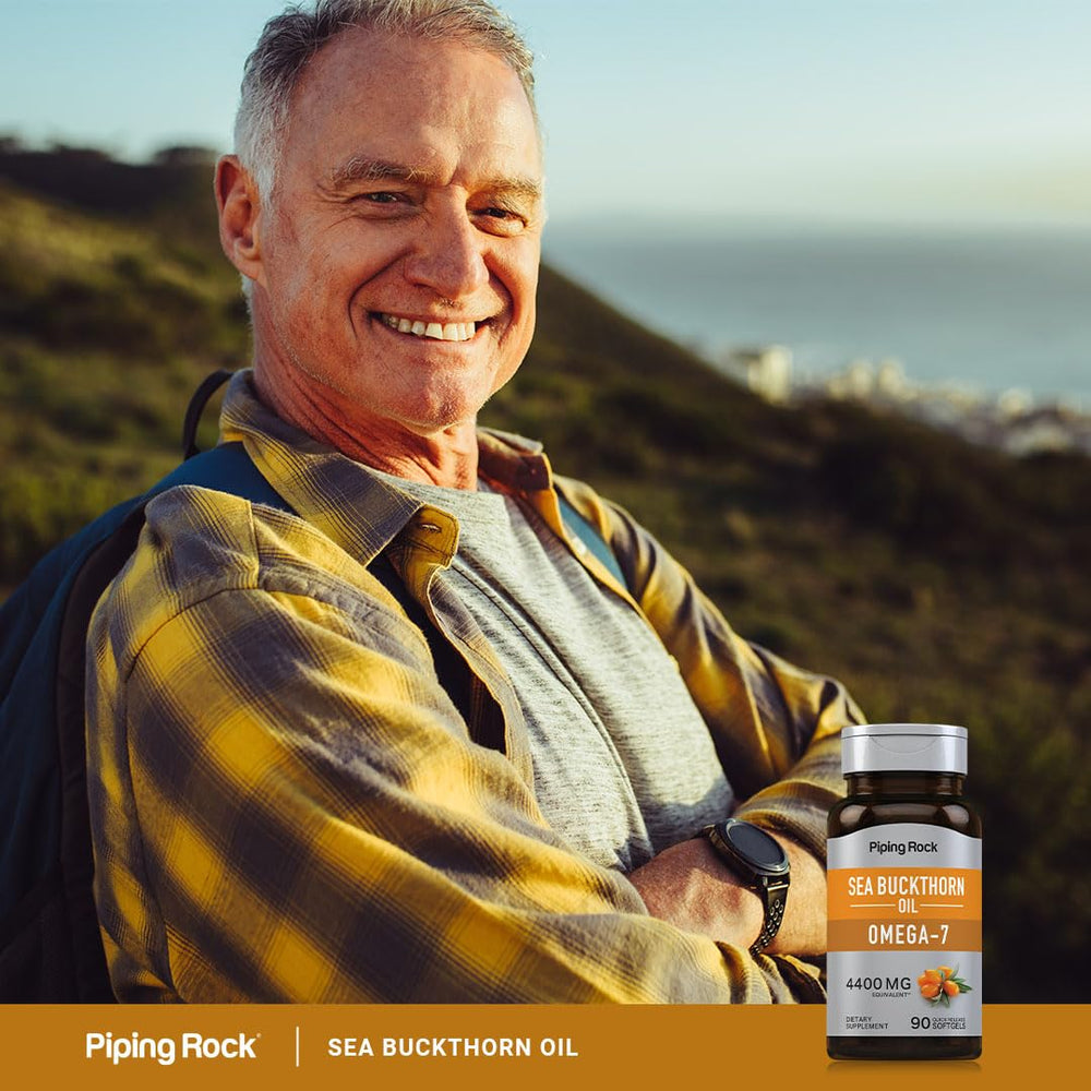 Piping Rock sea buckthorn label close-up with omega-7 notes.