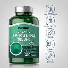 Piping Rock Spirulina label detail highlights organic, non-GMO claims.