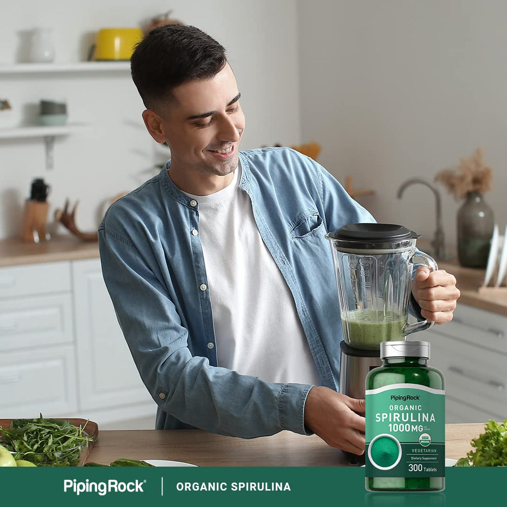 Piping Rock Spirulina nutrition panel emphasizes therapeutic grade quality.