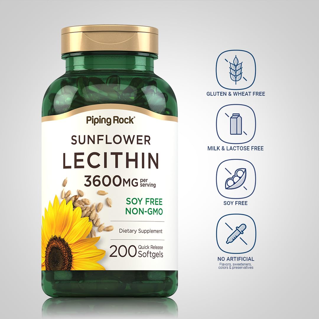 Piping Rock Sunflower Lecithin Softgels bottle pouring capsules into a hand for everyday use.