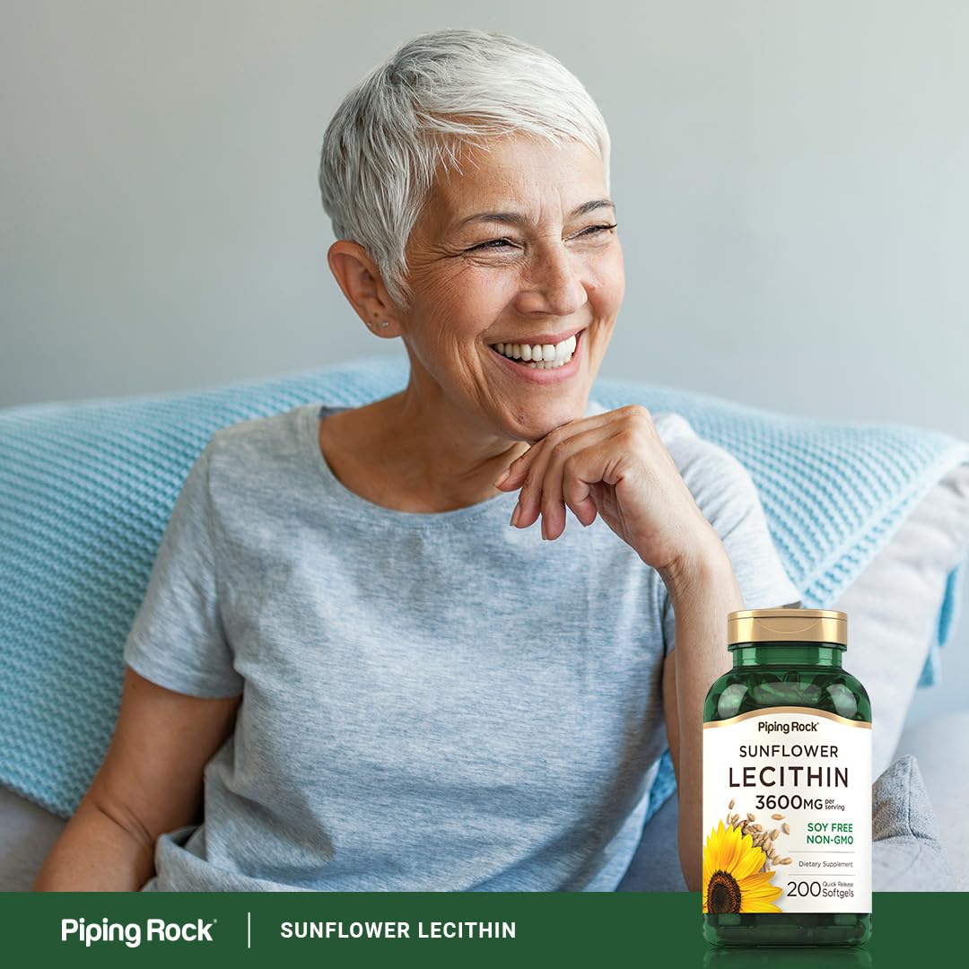 Piping Rock Sunflower Lecithin Softgels bottle highlighting gluten-free and soy-free indicators.