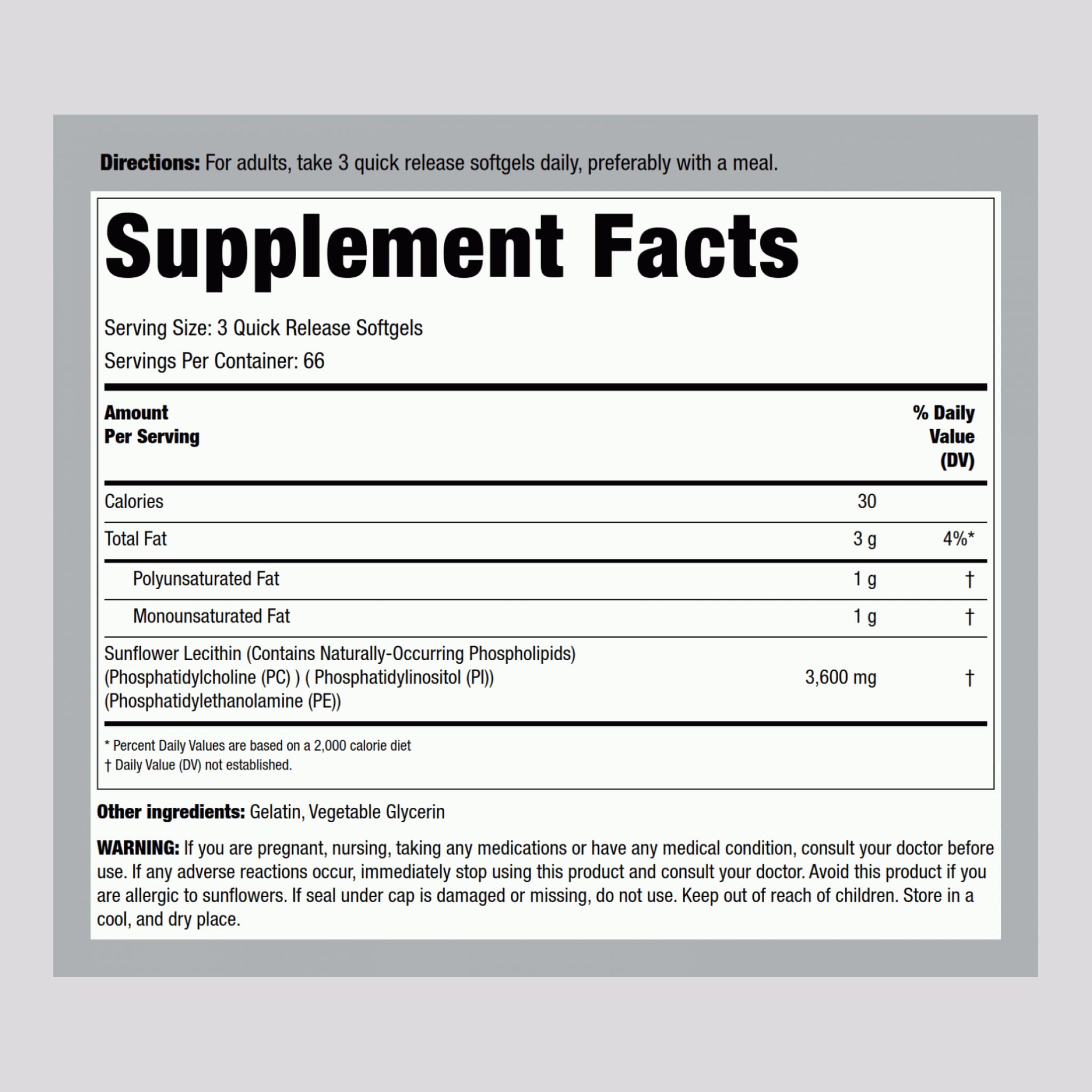 Piping Rock Sunflower Lecithin Softgels label close-up showing 3600 mg per serving.