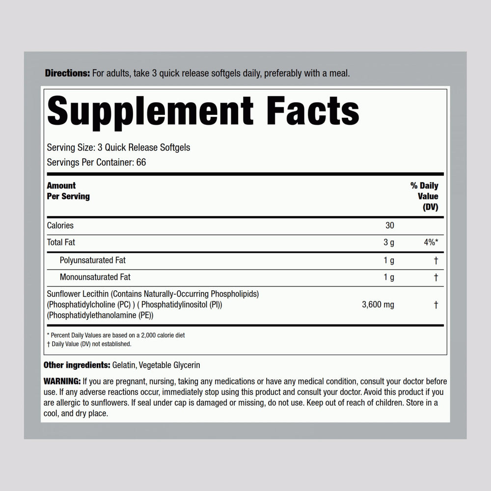 Piping Rock Sunflower Lecithin Softgels label close-up showing 3600 mg per serving.
