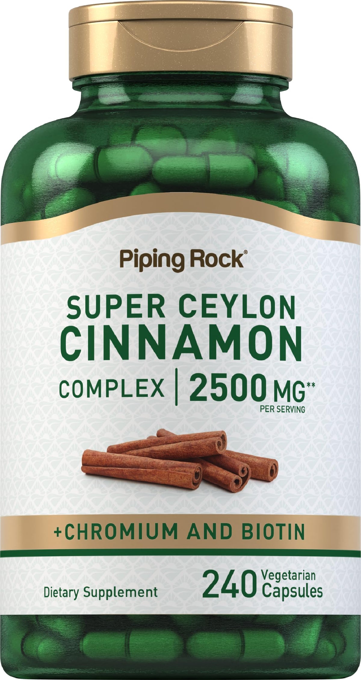 Piping Rock Super Ceylon Cinnamon Complex bottle on kitchen counter for daily wellness.