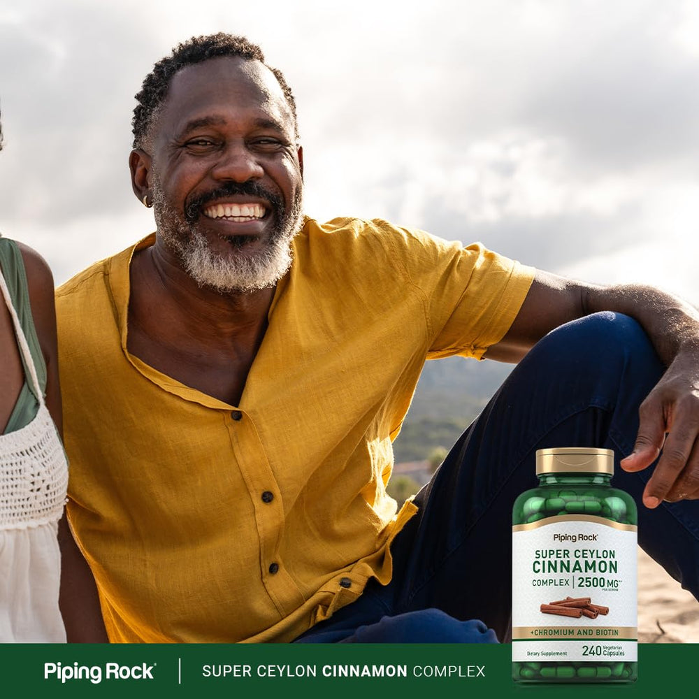 Piping Rock cinnamon capsules with glass of water imply simple, on-the-go taking.