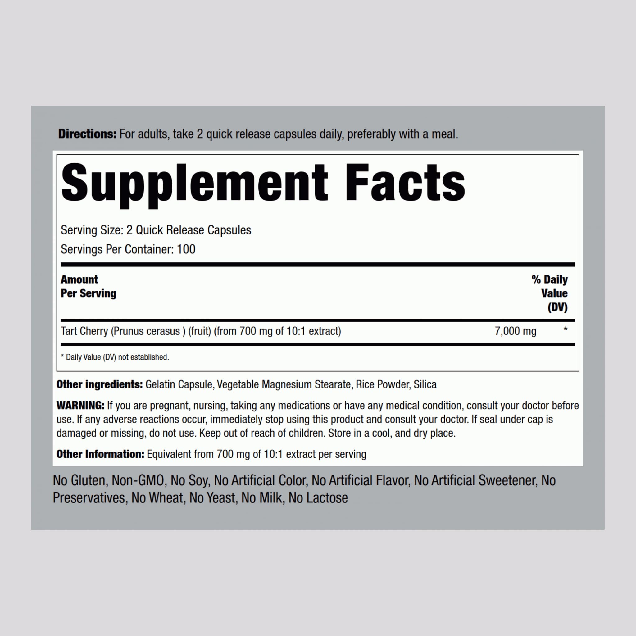 Closeup of the Tart Cherry Extract label with potency details.