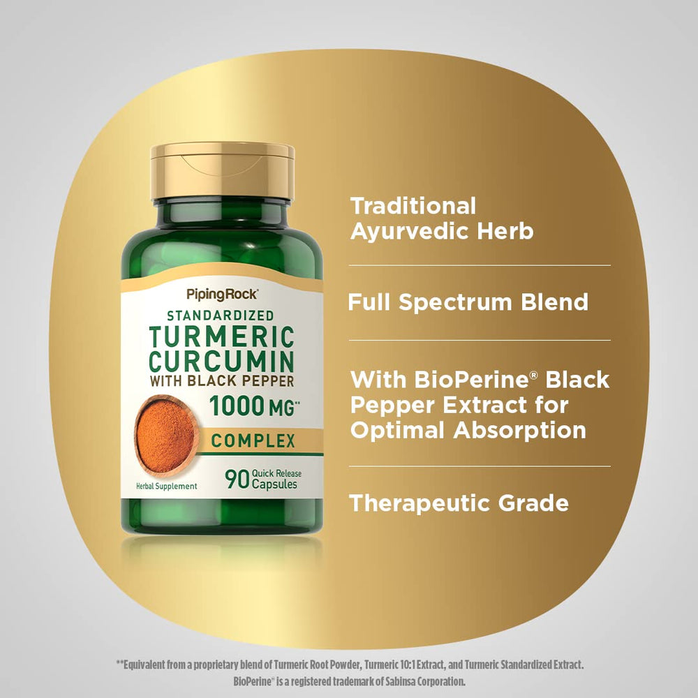 Piping Rock Therapeutic Grade Turmeric Curcumin packaging signals high quality