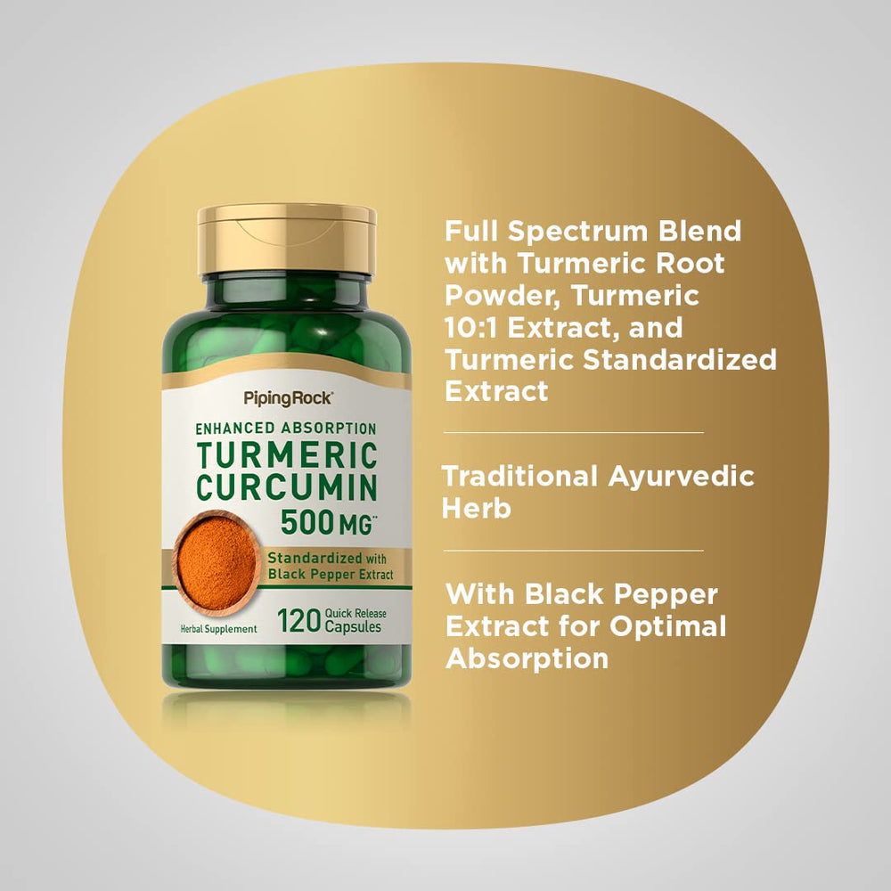Piping Rock Turmeric Curcumin label detail demonstrates therapeutic grade ingredients.