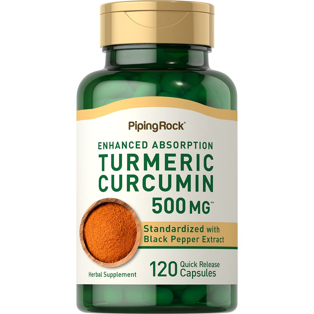 Piping Rock Turmeric Curcumin 500mg bottle front for daily wellness.
