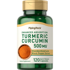 Piping Rock Turmeric Curcumin 500mg bottle front for daily wellness.
