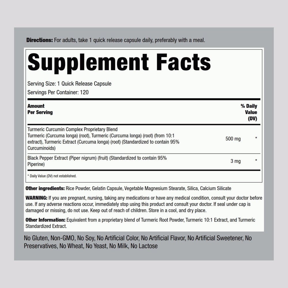 Piping Rock Turmeric Curcumin bottle side view highlighting packaging and non-GMO claim.