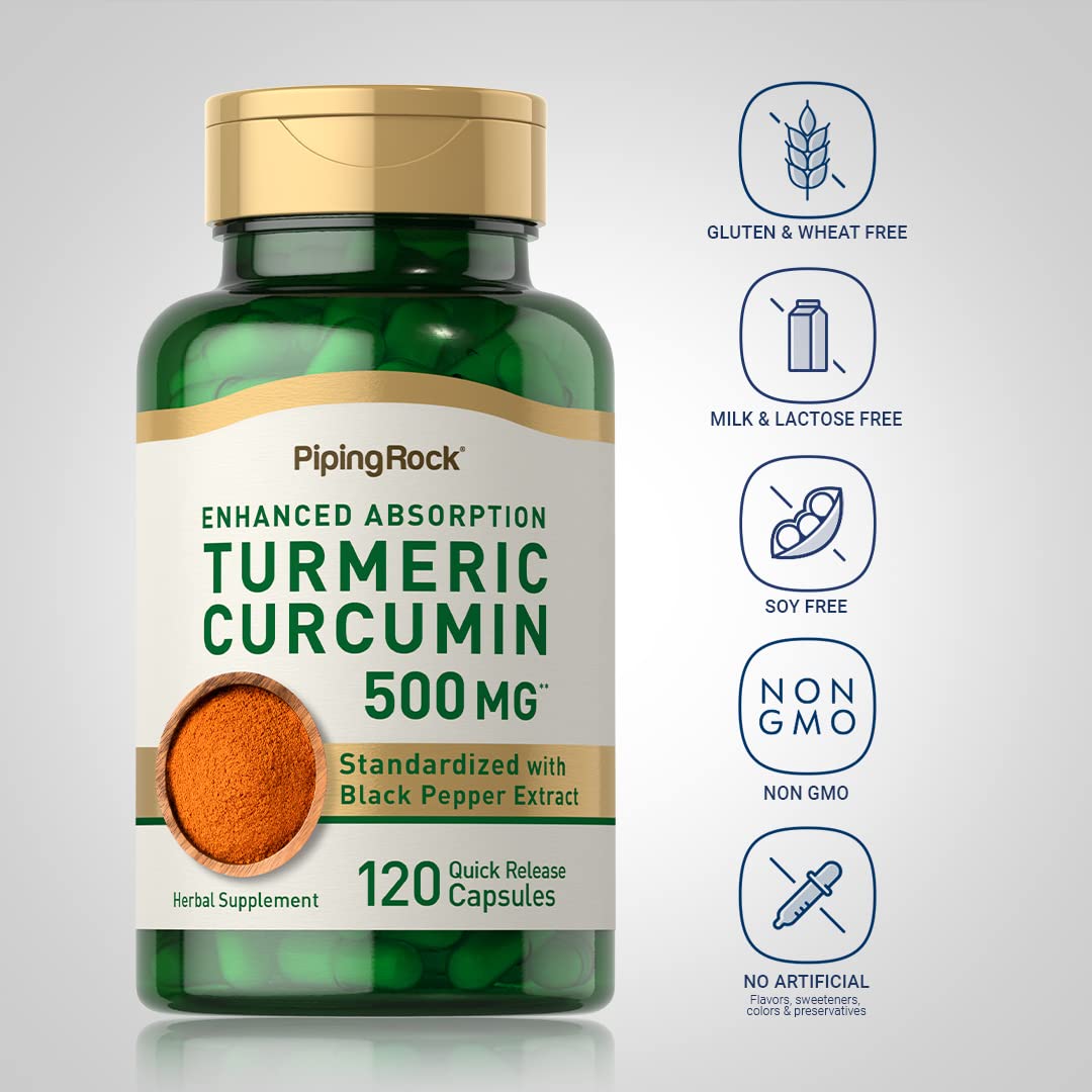 Piping Rock Turmeric Curcumin capsules close-up shows quick-release design.