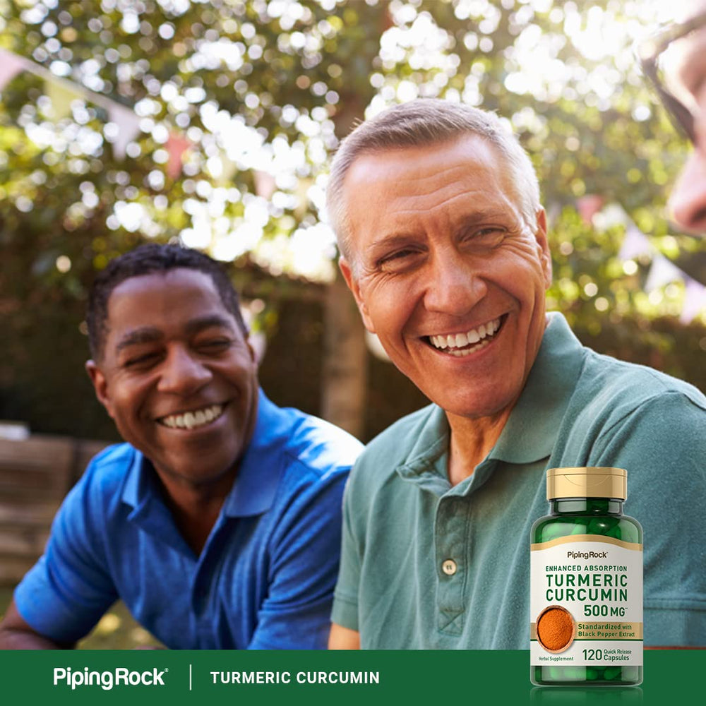 Piping Rock Turmeric Curcumin label close-up notes black pepper extract for absorption.